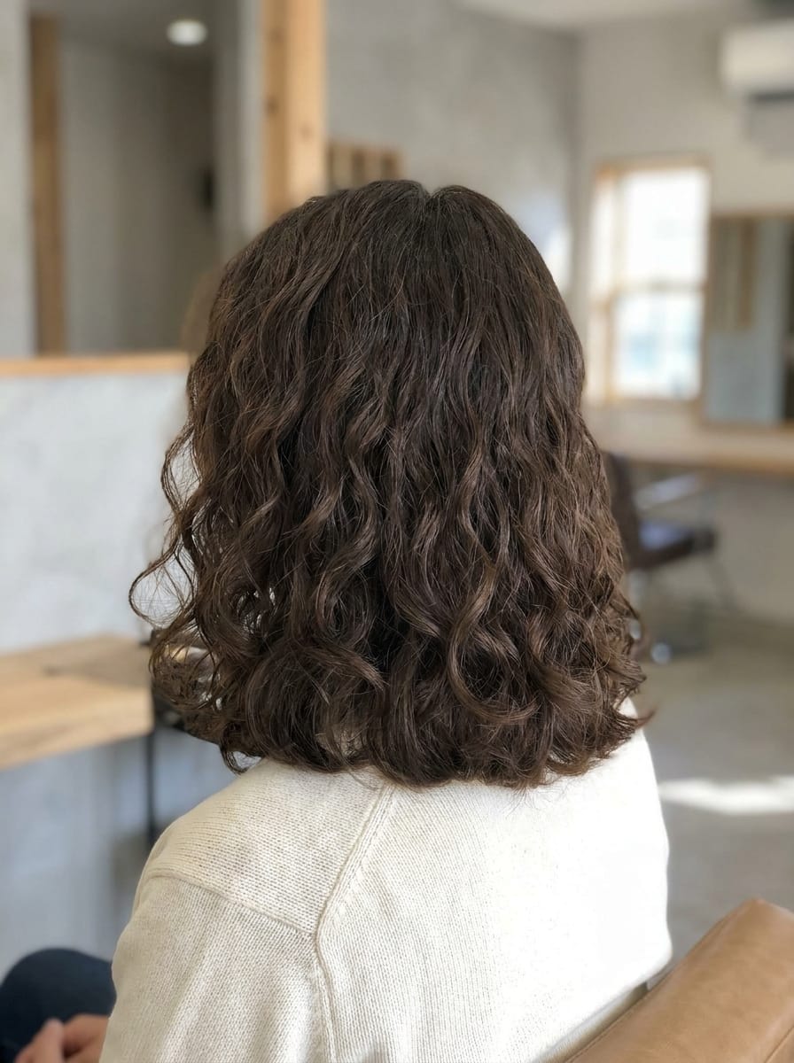 Stumpfe Grundlänge mit leichten Stufen - Locken Frisur mittellang